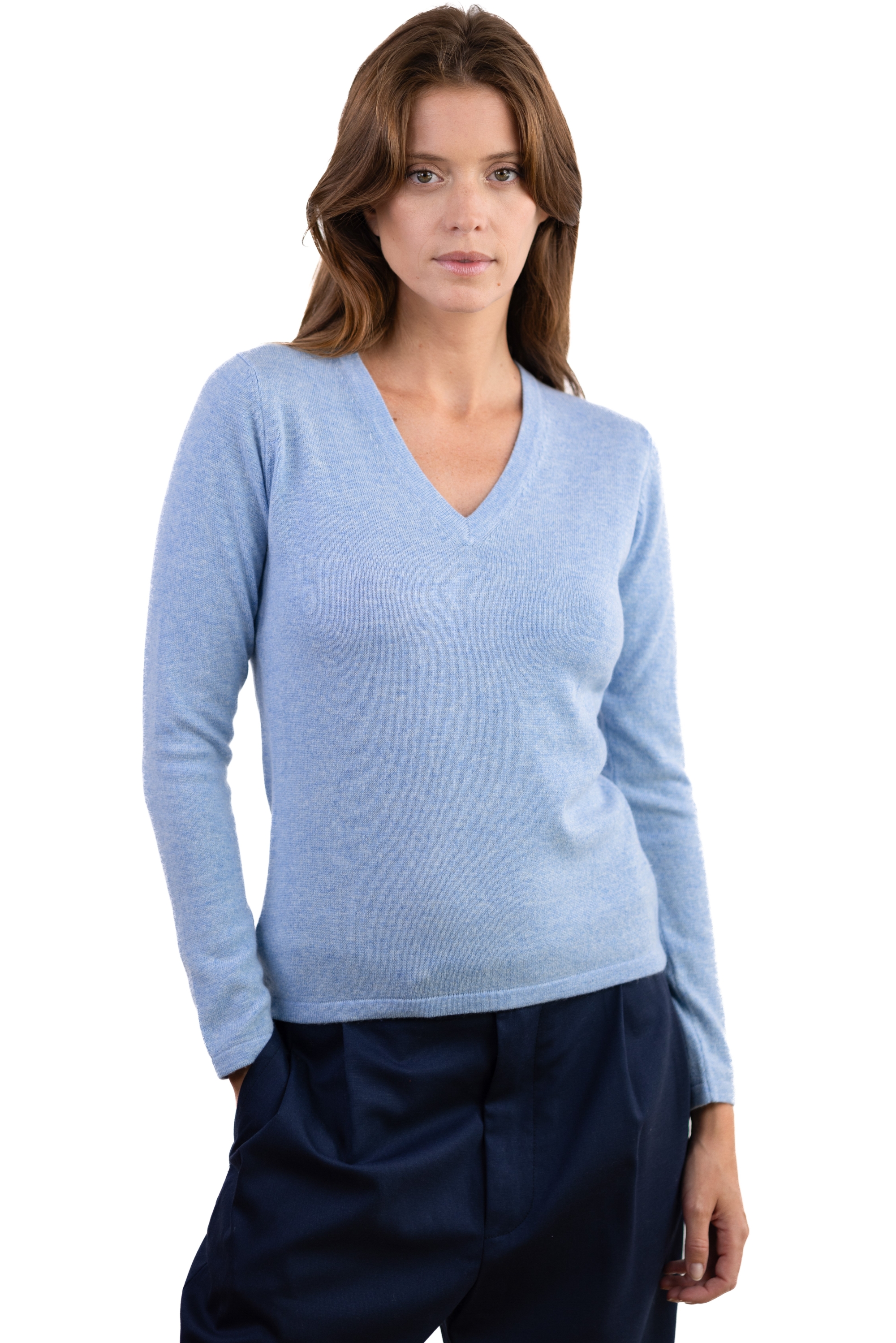 Cashmere kaschmir pullover damen v ausschnitt emma azurblau meliert 