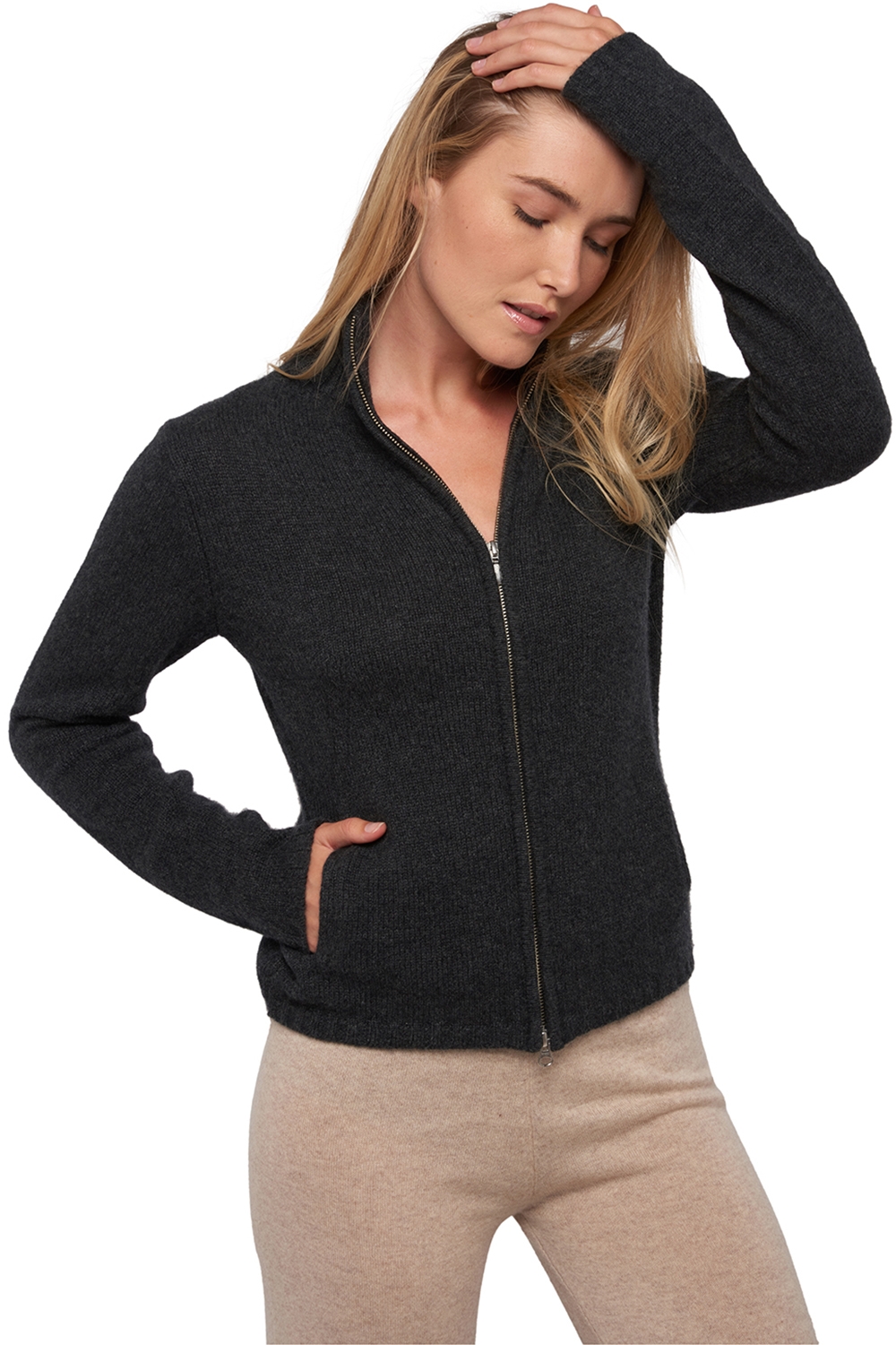 Cashmere kaschmir pullover damen zip kapuze elodie anthrazit meliert xs