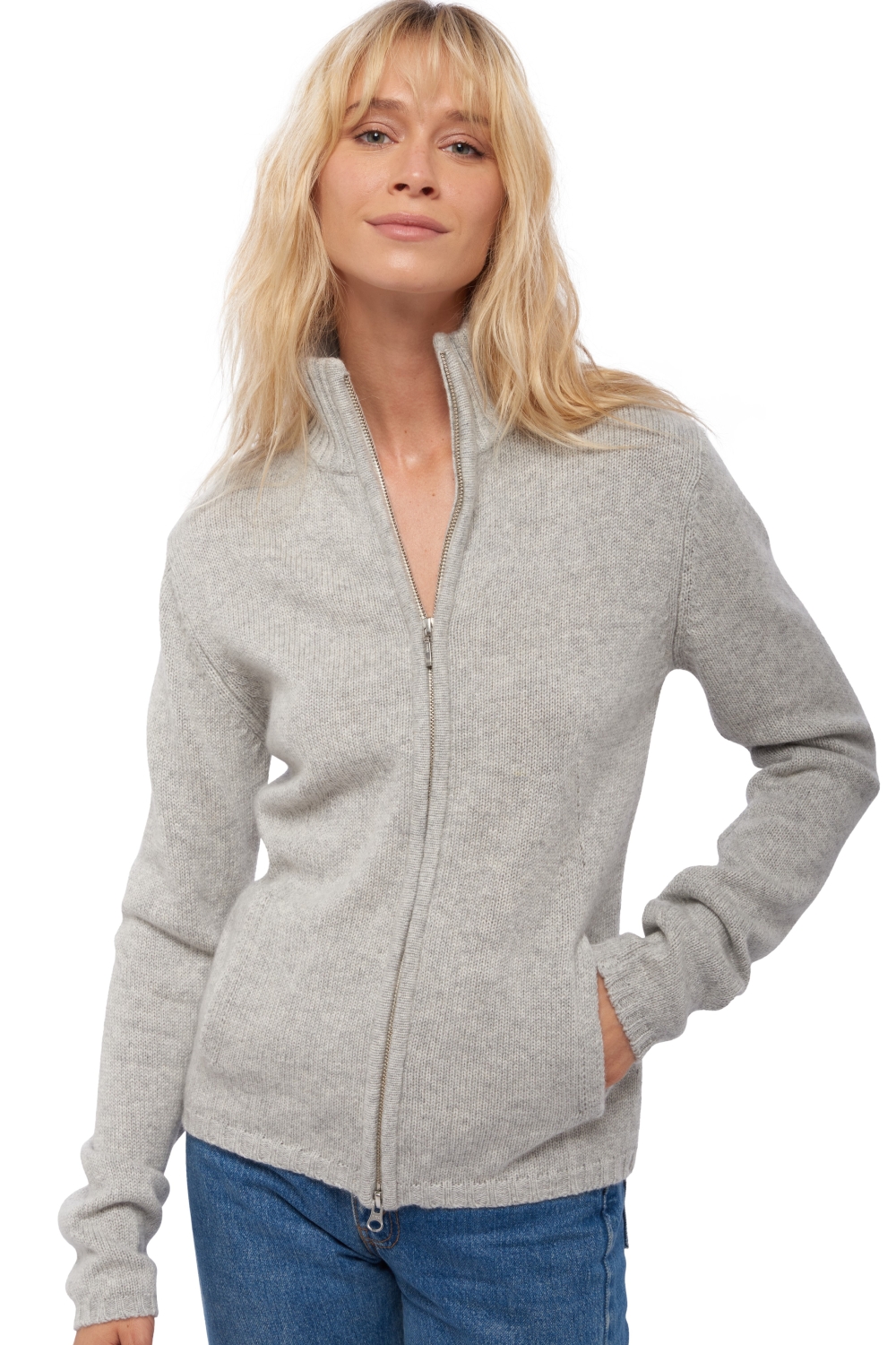 Cashmere kaschmir pullover damen zip kapuze elodie flanellgrau meliert l