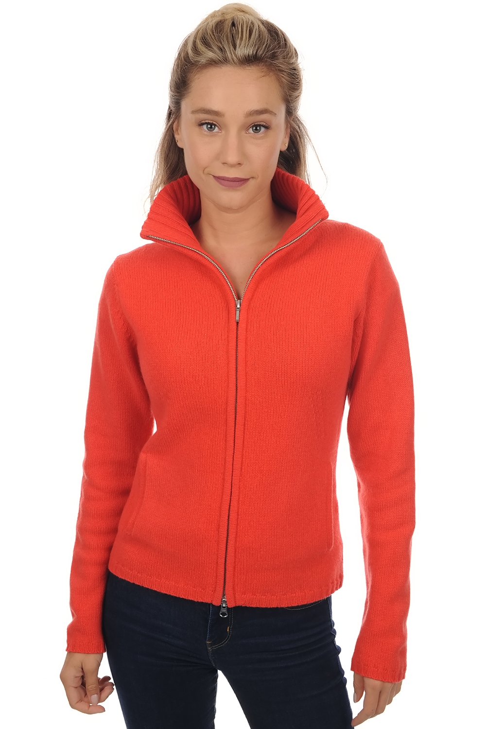 Cashmere kaschmir pullover damen zip kapuze elodie koralle l