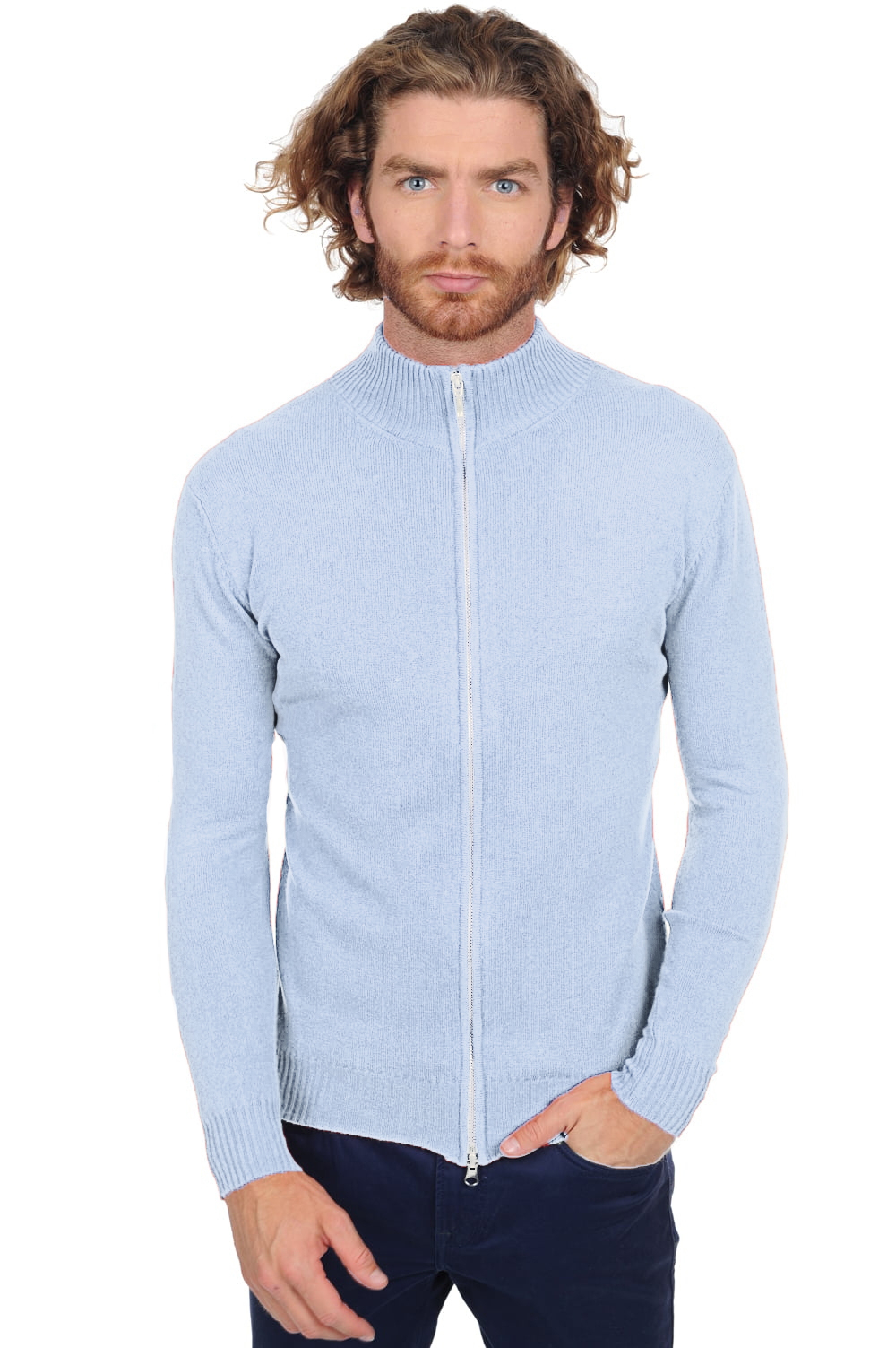 Cashmere kaschmir pullover herren zip kapuze thobias first sky blue xl